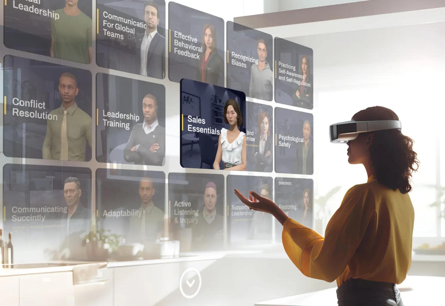 Imagem de uma mulher usando óculos de realidade virtual, olhando para imagens de pessoas e títulos de conteúdo.