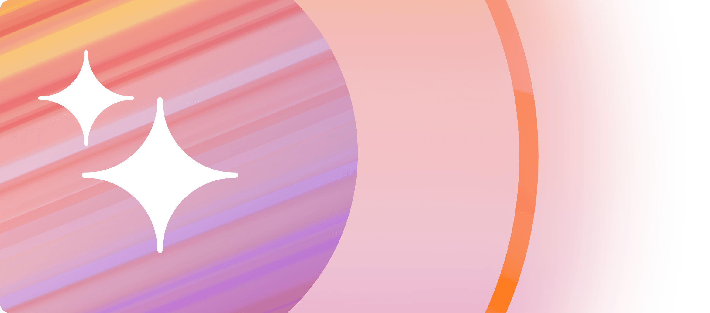 Abstract design with two white sparkle icons over colorful diagonal stripes and a large curved gradient.