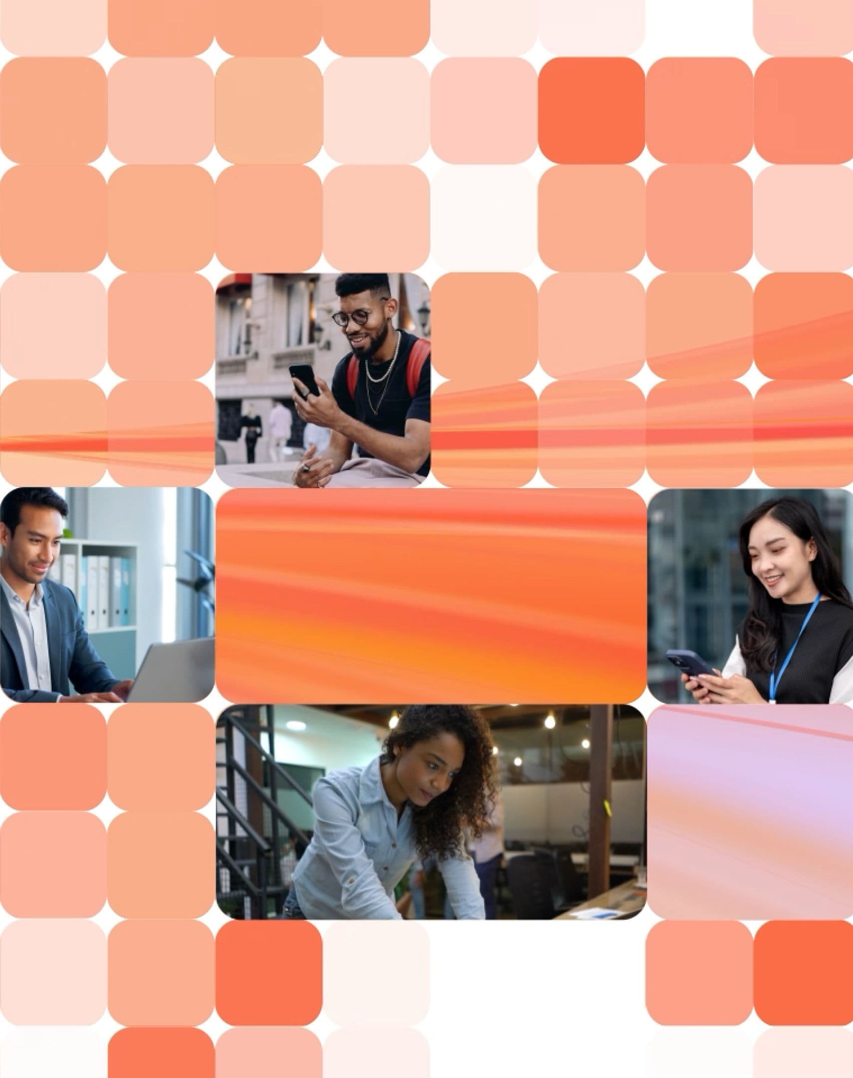 A mosaic of diverse individuals using laptops and phones, mixed with orange and white panels.