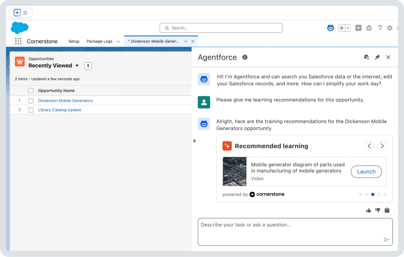 Un écran Salesforce affiche le chatbot Agentforce proposant des recommandations d'apprentissage, incluant une vidéo sur les schémas de générateurs mobiles, pour l'opportunité "Dickenson Mobile Generators".