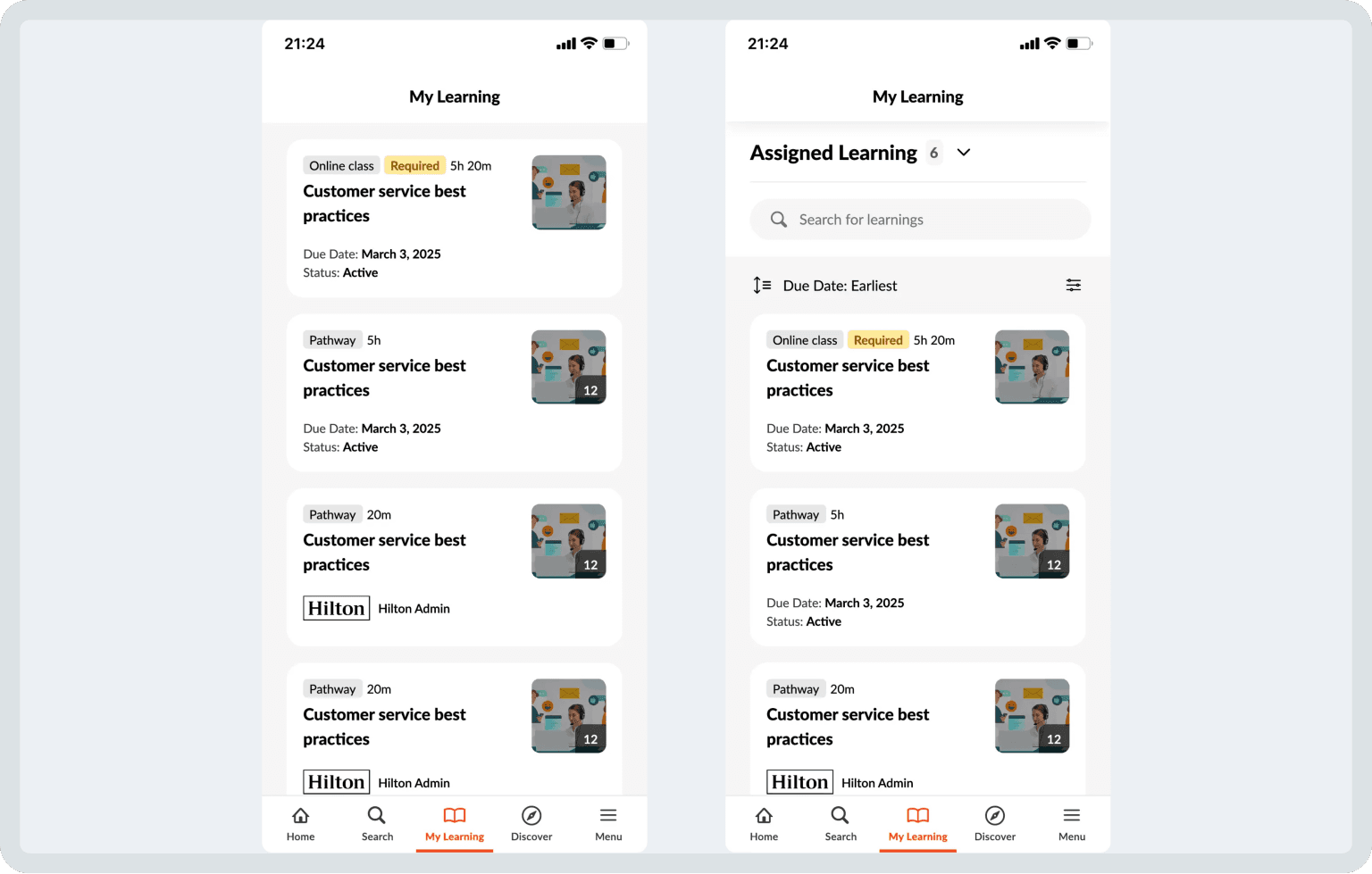 Deux écrans mobiles affichant l'interface de Cornerstone Learning avec des listes de cours, l'écran de droite incluant des options de recherche et de filtrage.
