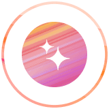 Icon with two white sparkles on a pink, orange, and purple striped circle, inside an orange ring.