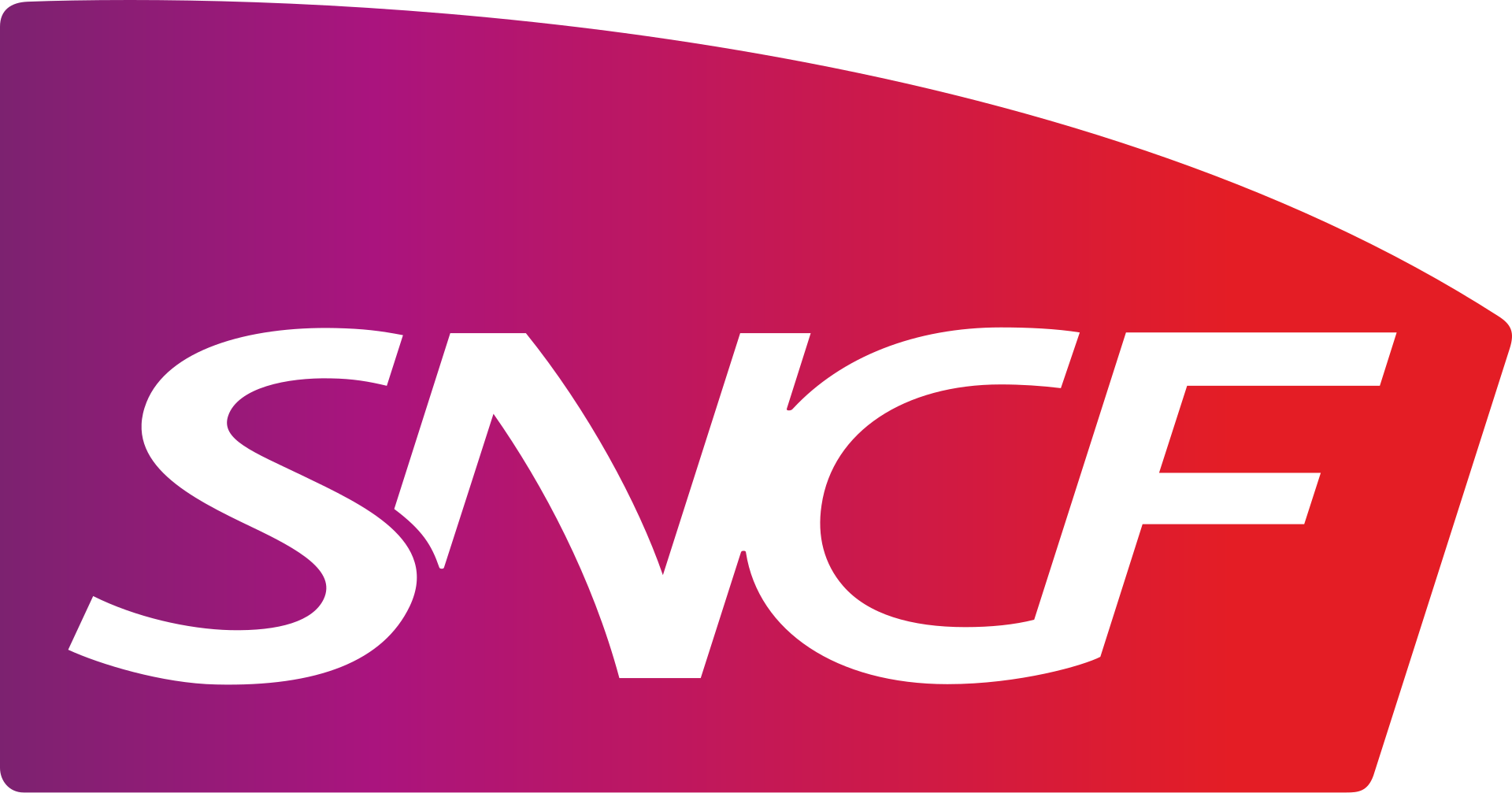 Logo de la SNCF avec texte blanc sur un fond dégradé allant du violet au rouge.